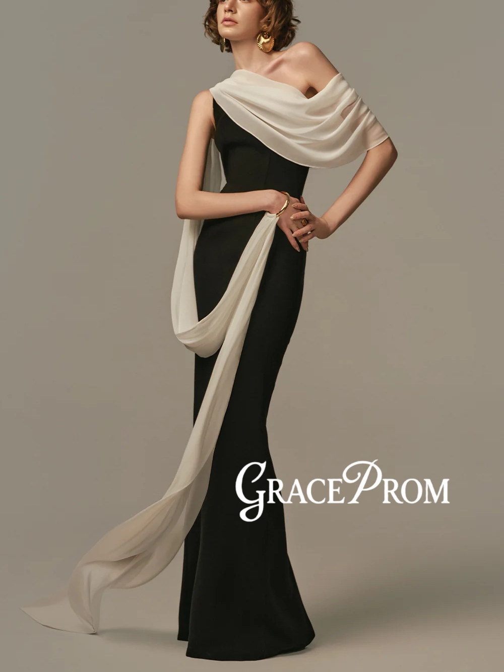 Formal Gala Wear Women - ชุดราตรีสองสีสุดหรู แบบไหล่เดียว ผ้าพันไหล่แบบพลิ้วไหว ชุดพรอมสั่งตัดได้ ชุดแฟชั่นสำหรับงานกาล่า ชุดสำหรับผู้หญิง