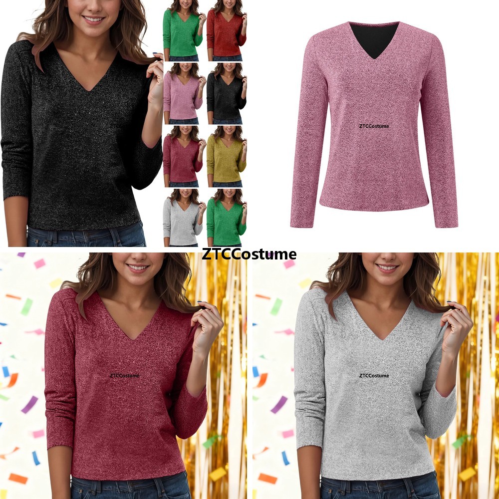 Women Formal Blouses For Evening Wear - เสื้อคอวีแขนยาวประดับเลื่อมวิบวับสำหรับคอสเพลย์ เสื้อยืดสำหรับงานปาร์ตี้หรืองานเลี้ยงกลางคืนสำหรับผู้หญิง