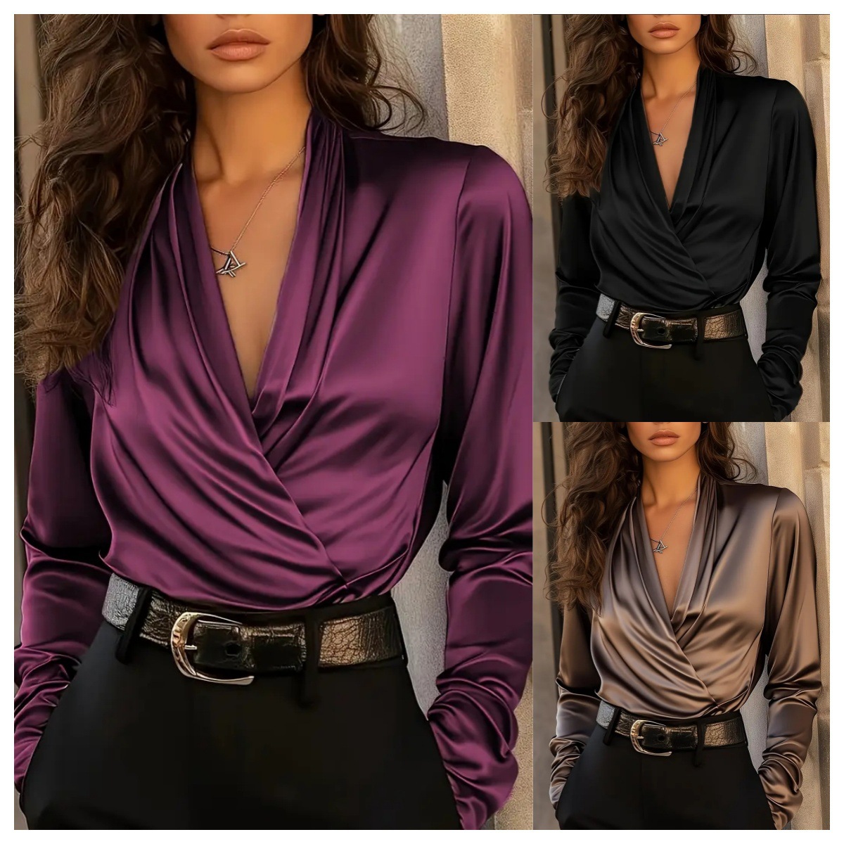Women Formal Blouses For Evening Wear - เสื้อผู้หญิงผ้าซาติน คอวี แขนยาว สไตล์หรูหรา ผ้าเนียน สำหรับใส่ทำงานในออฟฟิศ