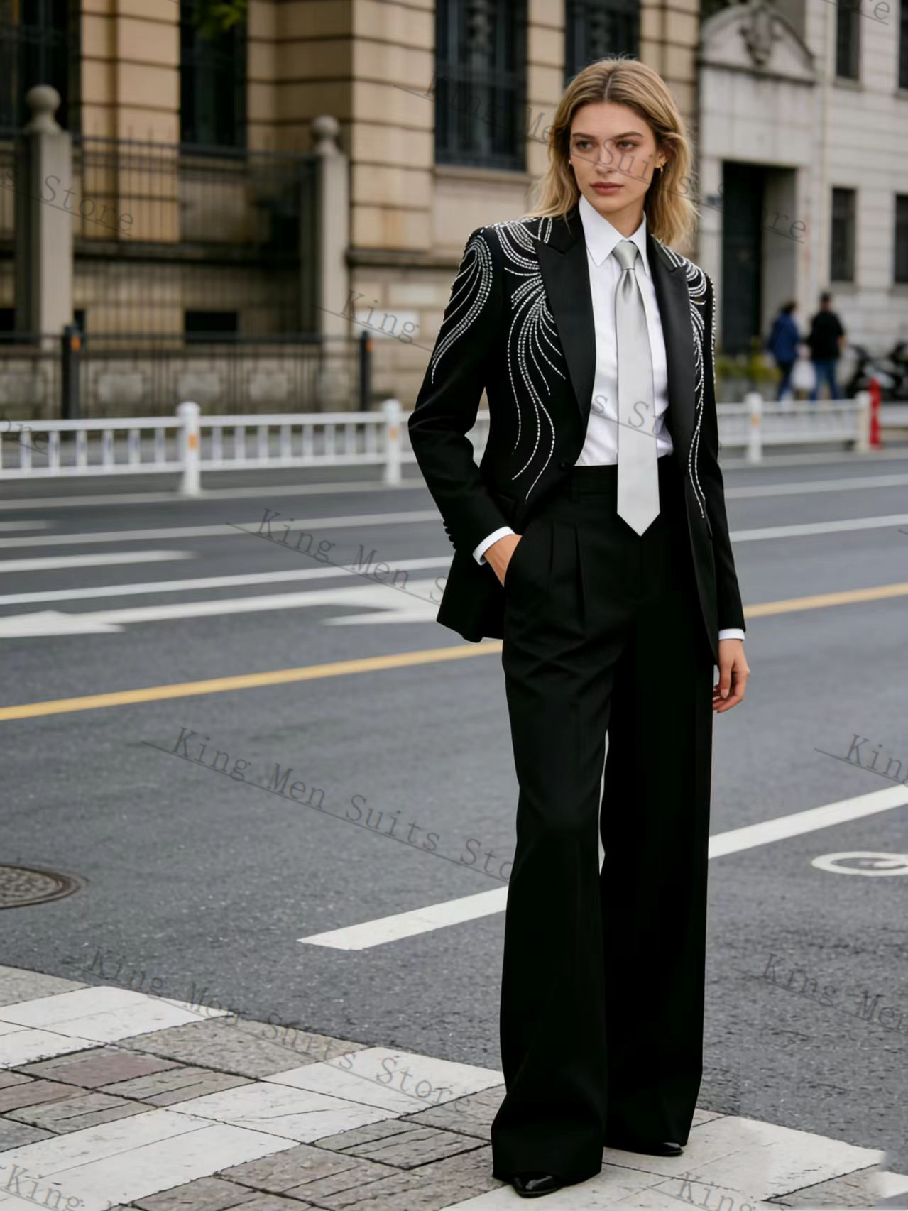 Women Formal Wear Trousers - ชุดสูทผู้หญิงสีดำ 2 ชิ้น เสื้อเบลเซอร์+กางเกงขายาว ประดับคริสตัล สำหรับฤดูใบไม้ผลิ
