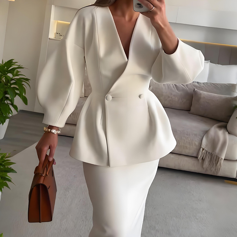 Women Formal Wear For Meeting - ชุดเซ็ต 2 ชิ้นสำหรับผู้หญิง ชุดกระโปรงเบลเซอร์สุดหรูพร้อมแขนพอง เหมาะสำหรับการประชุมทางธุรกิจ ชุดทำงาน