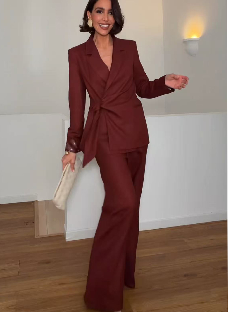 Women Formal Wear Blazers - ชุดสูทแฟชั่นสำหรับสุภาพสตรี เสื้อเบลเซอร์ทรงเข้ารูป แต่งเชือกผูก พร้อมกางเกงขายาวทรงตรง สไตล์หรูหรา เหมาะสำหรับใส่ทำงาน