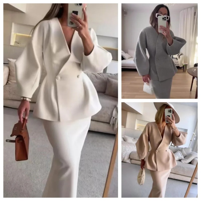 Women Formal Wear For Meeting - ชุดเซ็ต 2 ชิ้นสำหรับผู้หญิง ชุดกระโปรงเบลเซอร์สุดหรูพร้อมแขนพอง เหมาะสำหรับการประชุมทางธุรกิจ ชุดทำงาน