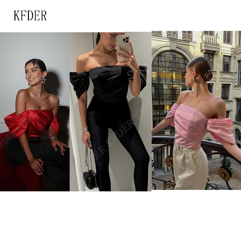 Women Formal Blouses For Evening Wear - เสื้อเปิดไหล่ผ้าซาตินสำหรับผู้หญิง ดีไซน์หรูหรา พับจีบ แขนพอง สายเดี่ยว ท็อปหรูหรา