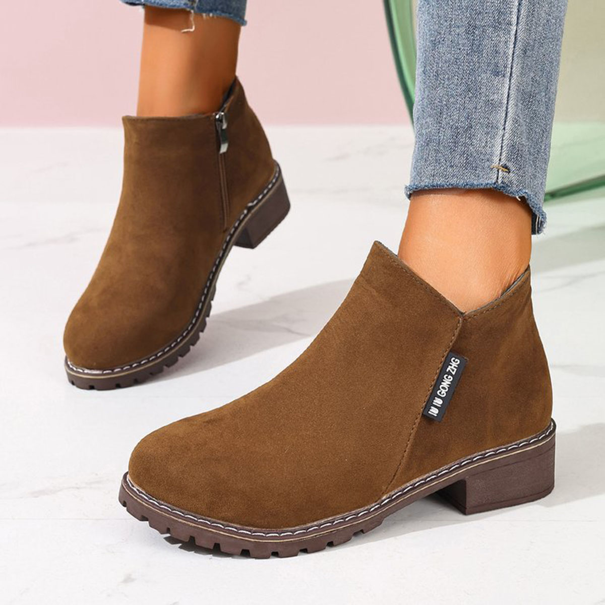 Women Formal Wear Shoes - รองเท้าบูทข้อเท้าผู้หญิงสำหรับฤดูใบไม้ร่วงและฤดูหนาว แบบมีซิปด้านข้าง ส้นหนา ใส่สบาย แฟชั่นทันสมัย เหมาะสำหรับใส่ลำลองหรือเป็นทางการ