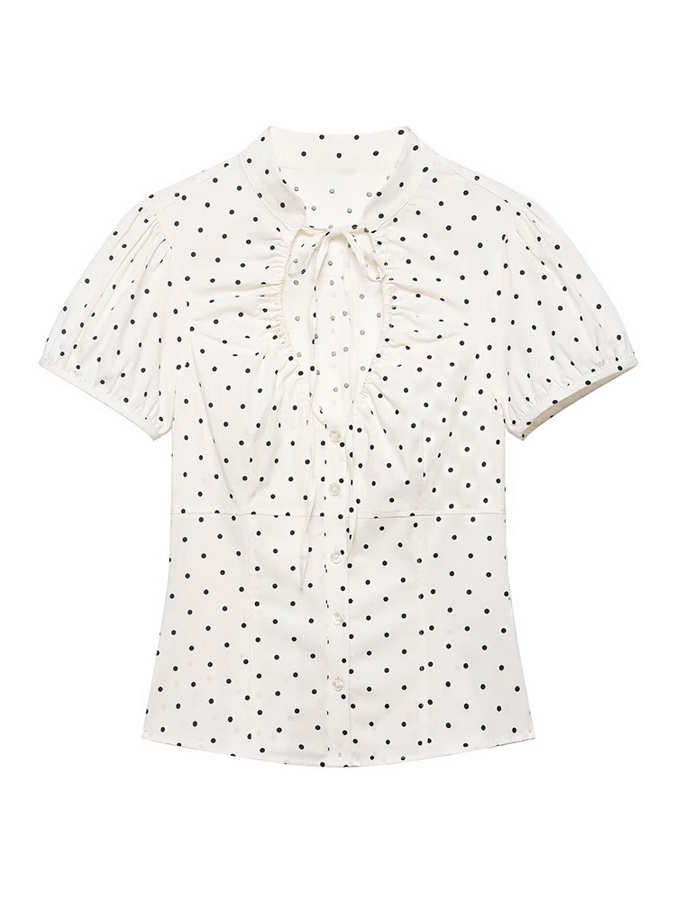 Women Formal Blouses For Evening Wear - เสื้อเชิ้ตวินเทจสไตล์เรโทรสีขาวสำหรับผู้หญิง ลายจุด แขนพอง สไตล์คลาสสิก ใส่ได้ทุกวัน สวยสง่า