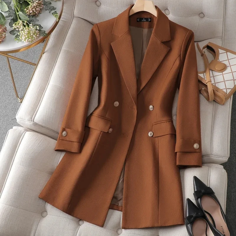Women Formal Wear Blazers - ฤดูใบไม้ร่วงฤดูหนาวแจ็คเก็ตผู้หญิงยาว Blazer กาแฟสีกากีสีดําสํานักงานสุภาพสตรีอย่างเป็นทางการแจ็คเก็ตธุรกิจทํางานเสื้อหญิง Outerwear