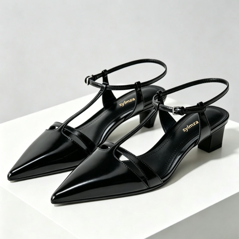 Kitten Heel Women - รองเท้าส้นสูงแบบคิทเทนฮีลหนังแก้วสำหรับผู้หญิง ดีไซน์สายรัดรูปตัว T ปลายแหลม เซ็กซี่ หรูหรา