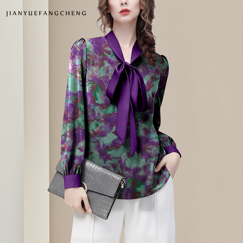 Women Formal Blouses For Evening Wear - เสื้อสีม่วงลายดอกไม้ผ้าซาตินหรูหรา สไตล์วินเทจสำหรับผู้หญิง เหมาะสำหรับใส่ทำงาน ทรงหลวม สบายๆ แขนยาว
