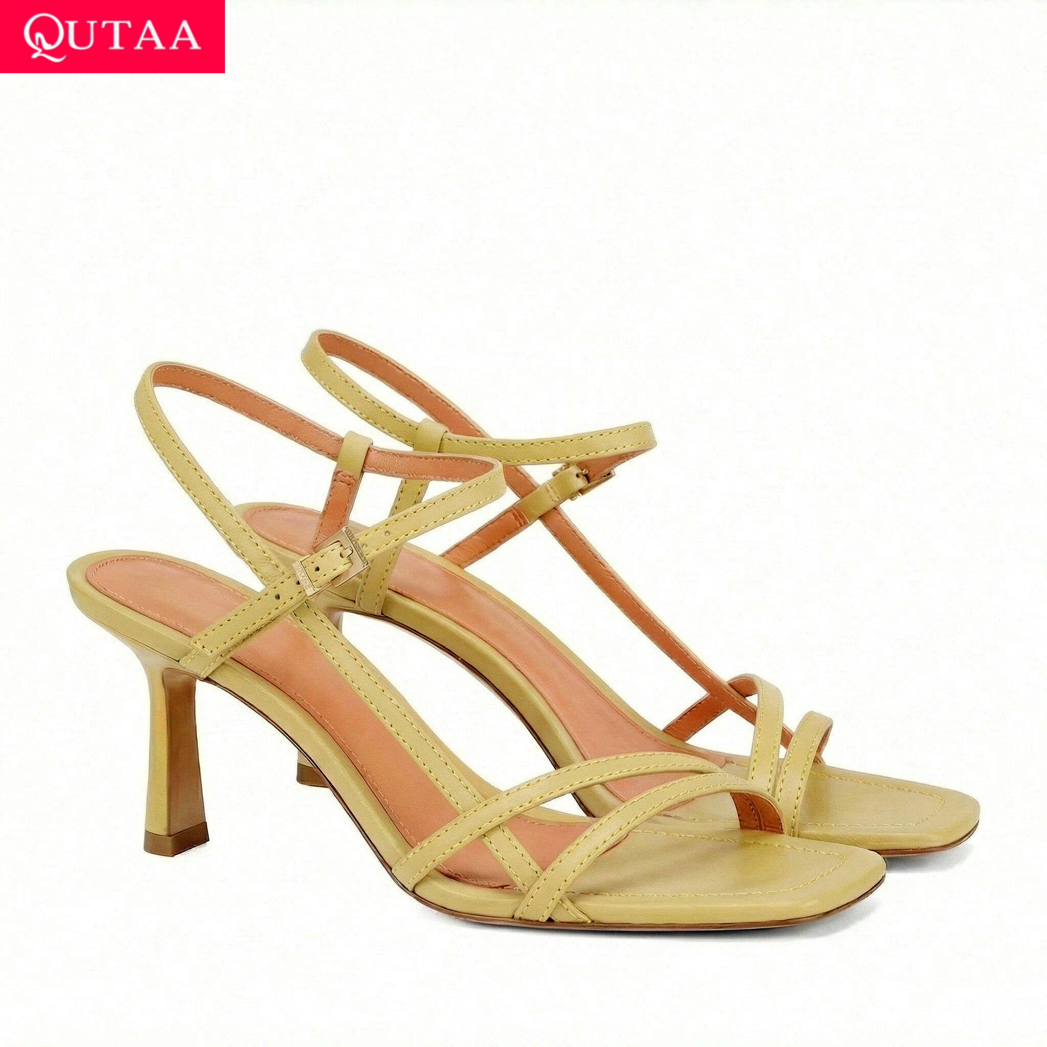 Kitten Heel Women - QUTAA แฟชั่นรองเท้าส้นสูงผู้หญิงรองเท้าแตะฤดูร้อนรองเท้าสลิงแบ็คหนังสแควร์เปิดนิ้วเท้าสายรัดข้อเท้ารองเท้าปาร์ตี้ 34-43