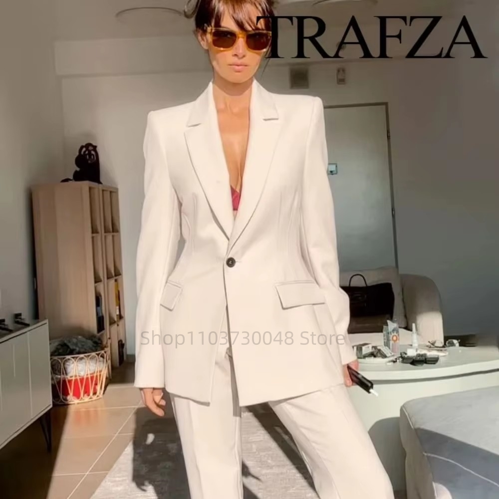 Women Formal Wear Blazers - แฟชั่นชุดสูทสตรีสำหรับออฟฟิศ เสื้อเบลเซอร์และกางเกงขายาว สีขาว/แดง ชุดทำงานสำหรับผู้หญิง ชุดทำงาน 2