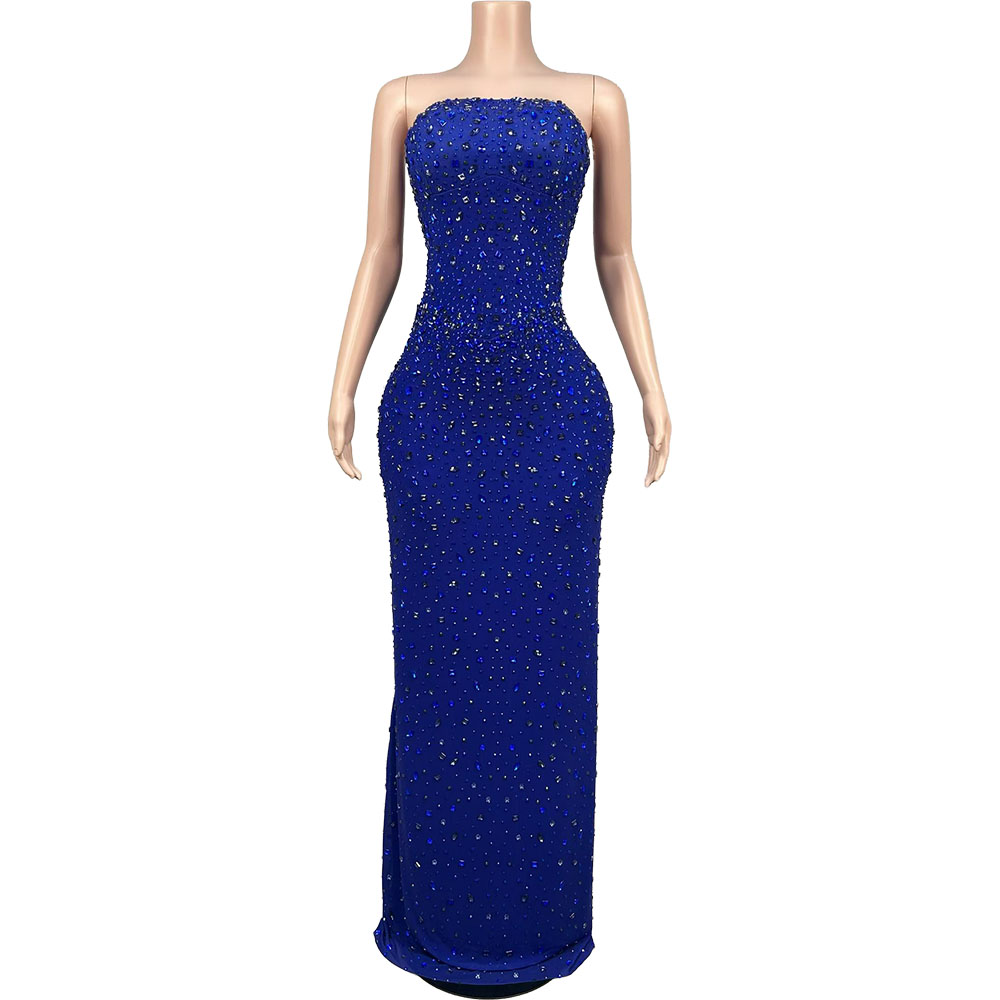 Formal Gala Wear Women - ชุดราตรีเกาะอกสีน้ำเงินประดับคริสตัลหรูหรา สำหรับงานกาล่า งานพรอม พรมแดง ชุดออกงานหรูหรา คริสตัล