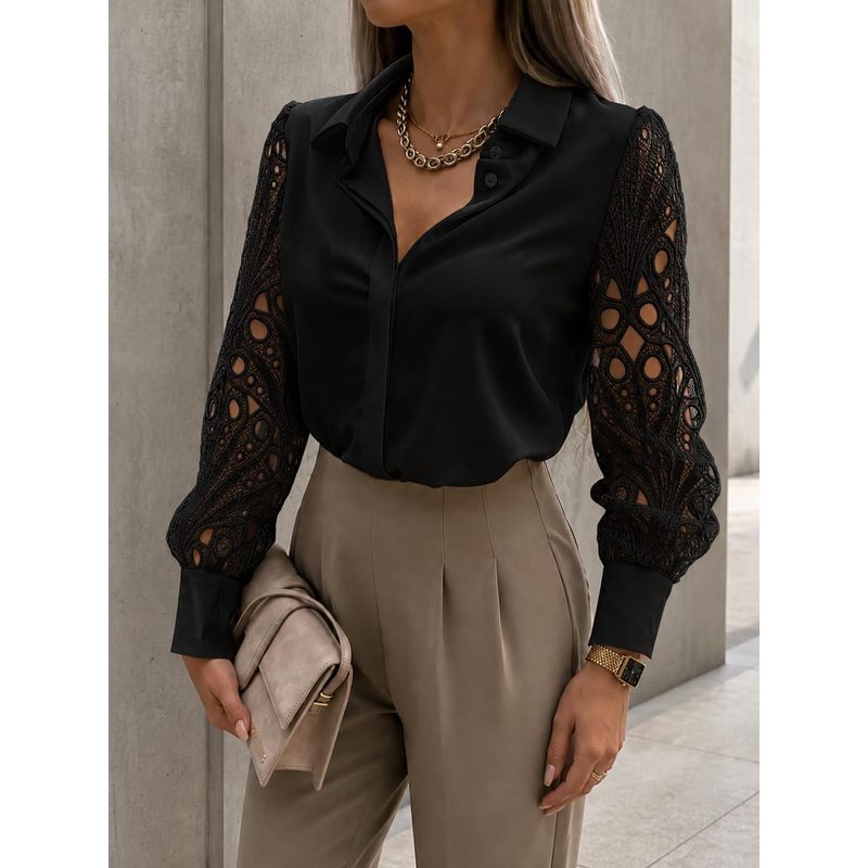 Women Formal Wear For Meeting - เสื้อผู้หญิงแบบติดกระดุมผ้าซาติน แขนยาวลูกไม้ฉลุลาย เหมาะสำหรับใส่ทำงาน ประชุมธุรกิจ หรือใส่ในชีวิตประจำวัน