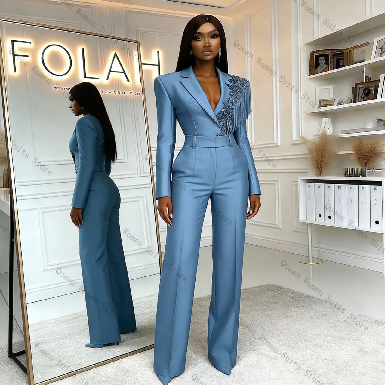 ชุดสูทผู้หญิงสีน้ำเงินประดับพู - Women Formal Wear Trousers บทวิจารณ์และราคา