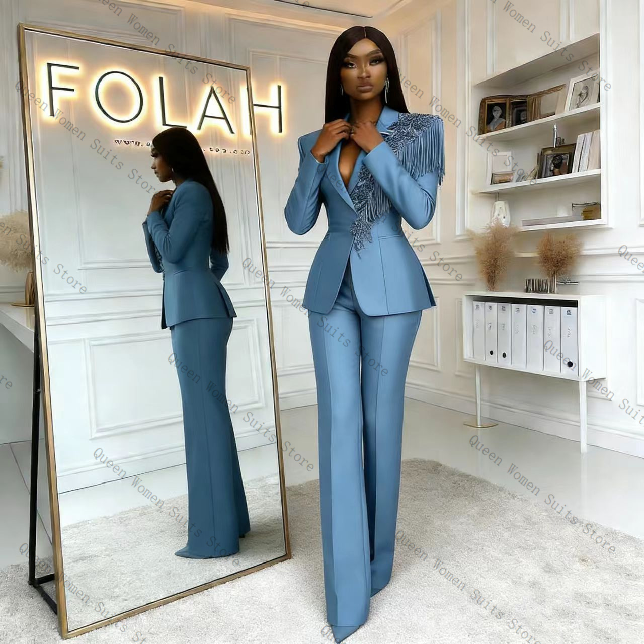ชุดสูทผู้หญิงสีน้ำเงินประดับพู - Women Formal Wear Trousers บทวิจารณ์และราคา
